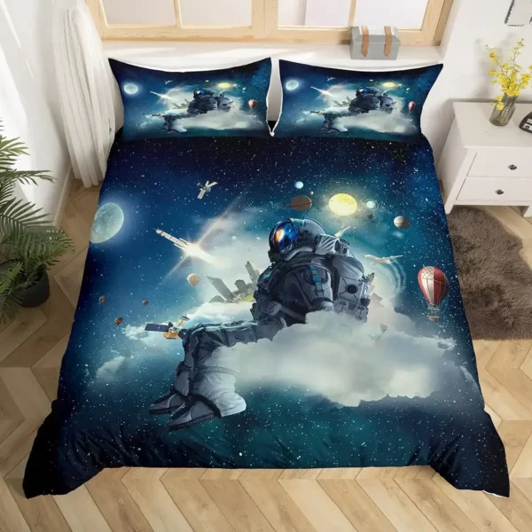 Astronaut sleeping on a space-themed bedspread with planets, stars, and spacecraft in a cosmic scene.