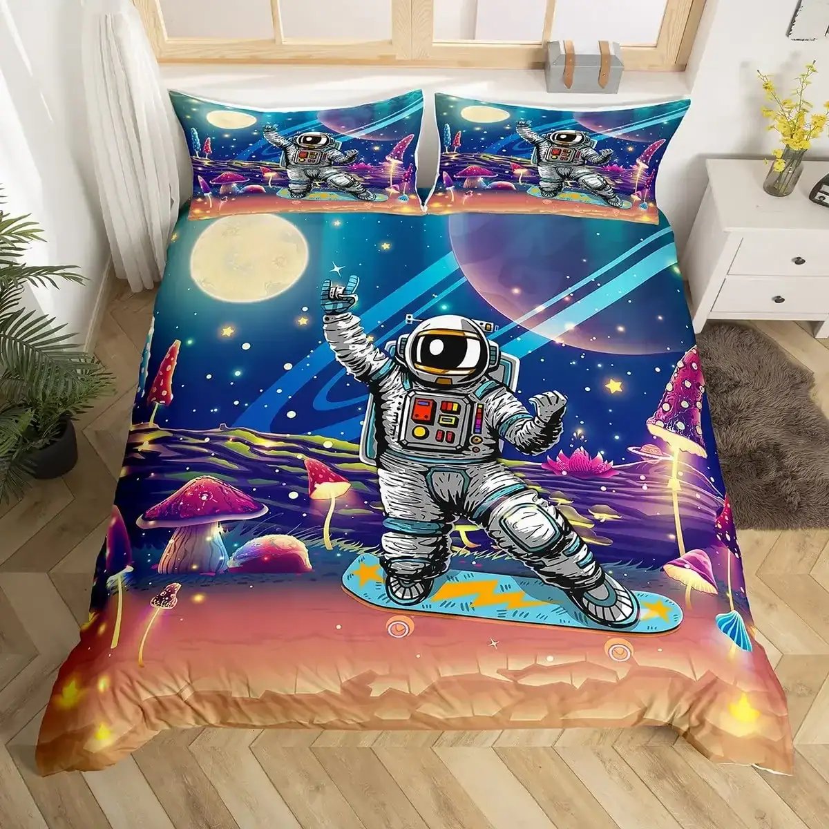 Space Adventure Astronaut Bedding Set with Pillowcases A vibrant space-themed bedding set featuring an astronaut on a cosmic landscape with planets, stars, and colorful mushrooms, perfect for kids who love space exploration.