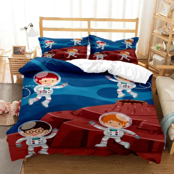 Colorful space-themed kids bedding set featuring astronauts and planets, perfect for a science-inspired bedroom decor.