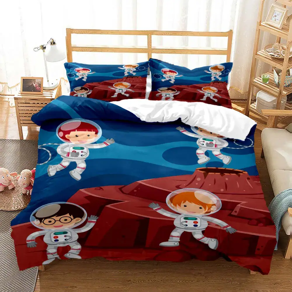 Space Exploration Kids Bedding Set - Science Gadgets Colorful space-themed kids bedding set featuring astronauts and planets, perfect for a science-inspired bedroom decor.