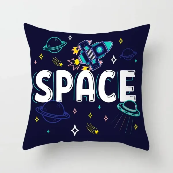 Colorful space-themed pillow featuring a rocket, planets, and stars on a dark background, perfect for science decor and educational spaces.