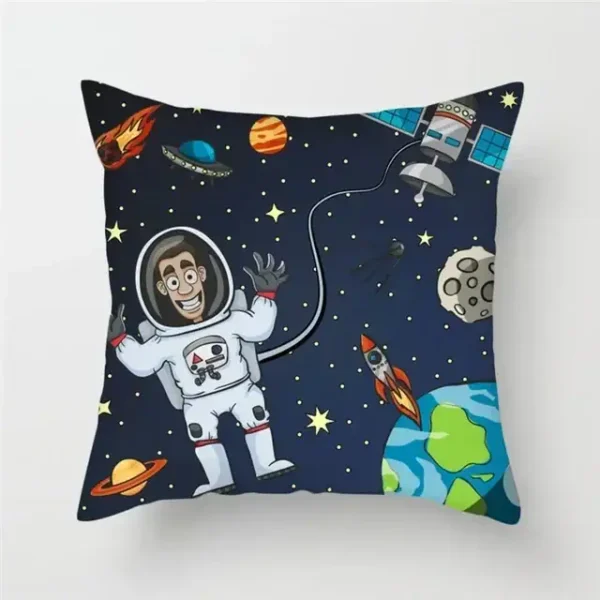 Astronaut-themed decorative pillow with space exploration design.