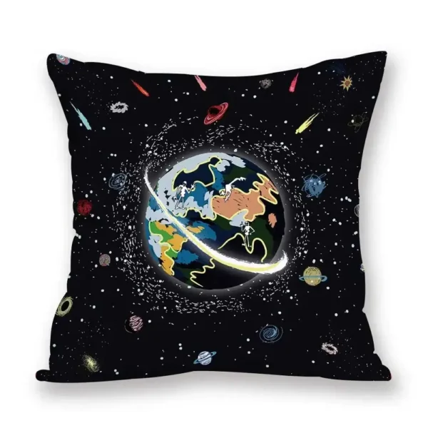 Decorative pillow featuring a colorful Earth and space scene with planets and stars on a black background, perfect for science enthusiasts and space lovers.