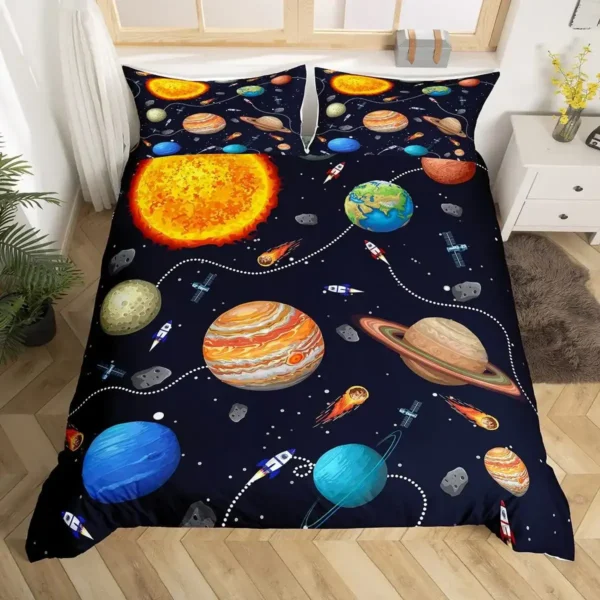 Colorful space-themed bedding set featuring planets, rockets, and stars, perfect for children's bedrooms and space enthusiasts.