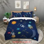Astronaut-themed bedding featuring rockets, planets, and stars on a dark blue background, perfect for space enthusiasts and children interested in science and space exploration.