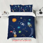 Space-themed kids bedding set featuring rockets, astronauts, planets, and stars, perfect for a science-inspired bedroom decor. Includes 2 pillowcases and 1 quilt cover.
