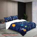 Space-themed bedding set with pillowcases and quilt cover featuring planets, stars, and rockets for a cosmic bedroom decor.