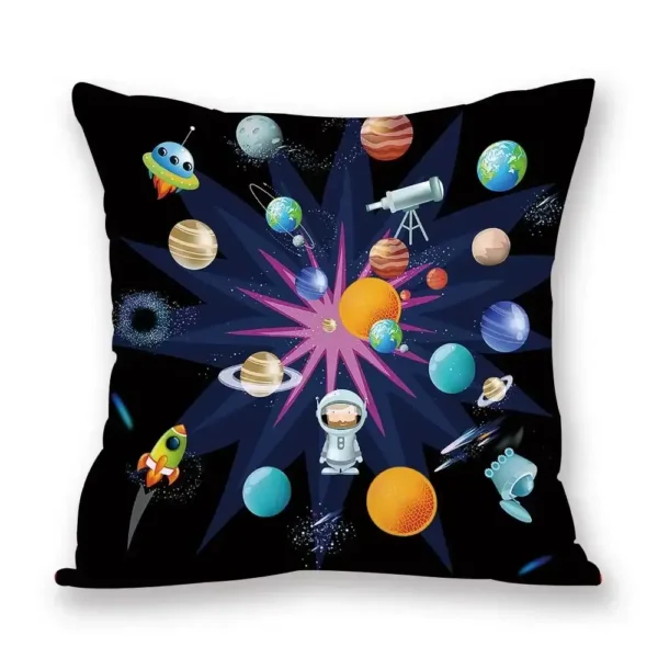 Colorful space-themed decorative pillow featuring planets, rockets, astronauts, and a UFO, perfect for science enthusiasts and educational decor.
