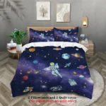 An outer space-themed bedding set featuring astronauts, planets, and stars on a dark blue background. Includes two pillowcases and one quilt cover, perfect for space enthusiasts.