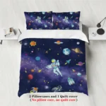 Colorful space-themed bedding set featuring astronauts, planets, rockets, and stars, perfect for children's bedrooms and space enthusiasts.