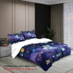 Starry space-themed bedding set featuring rockets, planets, and stars, perfect for science lovers and educational decor. Includes pillowcases and quilt cover with vibrant cosmic designs.