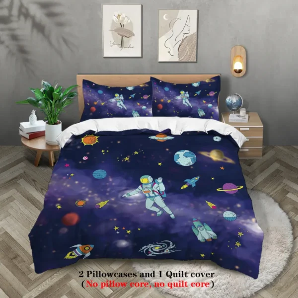 An outer space-themed bedding set featuring astronauts, planets, and stars on a dark blue background. Includes two pillowcases and one quilt cover, perfect for space enthusiasts.