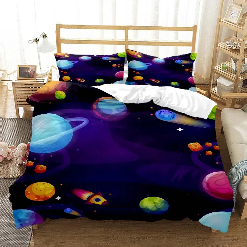Galaxy Space Bedspread - Science Gadgets A vibrant galaxy-themed bedspread featuring colorful planets, stars, and rockets, perfect for science enthusiasts and space lovers.
