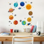 Colorful sun and planets wall decal featuring smiling celestial bodies, perfect for educational rooms or science-themed decor. Bright, playful design suitable for children’s learning spaces.