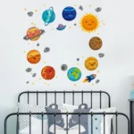Vibrant solar system wall decal featuring planets, the sun, and stars, perfect for children's bedrooms or educational spaces.