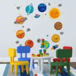 Brightly illustrated planets, stars, and rockets create an engaging space environment for kids.
