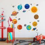 Vibrant space decor featuring planets, stars, and the sun, perfect for a child's learning and play area.