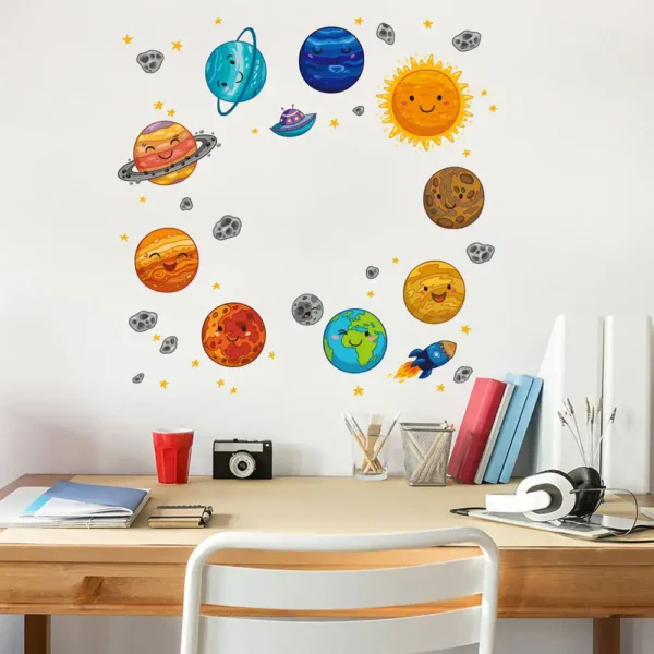 Colorful sun and planets wall decal featuring smiling celestial bodies, perfect for educational rooms or science-themed decor. Bright, playful design suitable for children’s learning spaces.