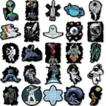 Alien and space-themed science stickers for decoration and educational purposes.
