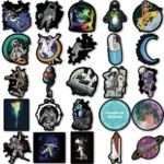 Assorted space-themed stickers including astronauts, planets, rockets, and cosmic designs for decoration and educational purposes.