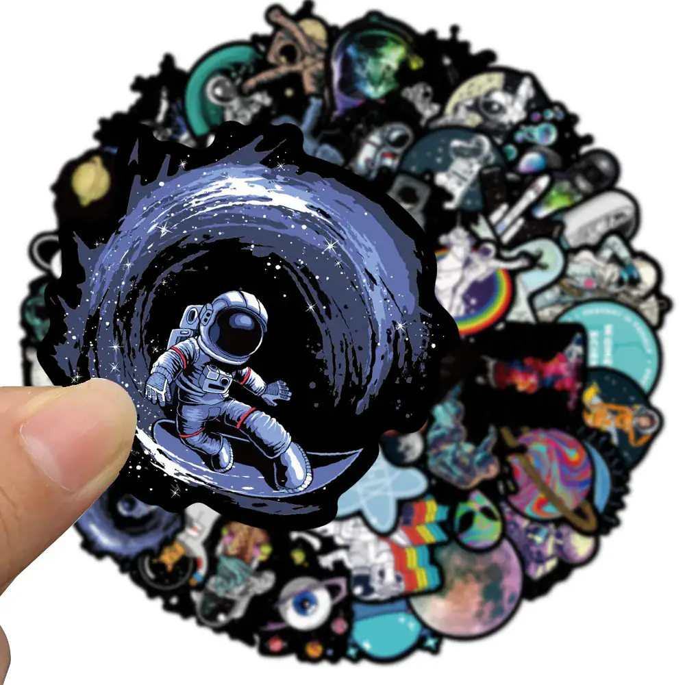 Space Explorer Sticker - Astronaut in Space Swirling Galaxy Hand holding a sticker of an astronaut floating in space with a swirling galaxy background, part of a collection of science-themed stickers.