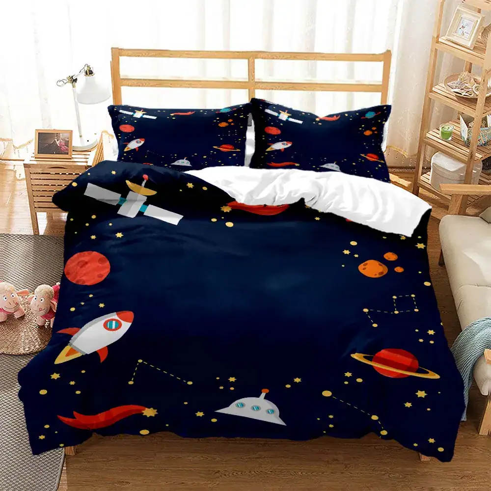 Starry Space Galaxy Bedspread Set with Rocket and Planets Space-themed bedspread featuring rockets, planets, and stars, perfect for a child's bedroom or science enthusiast's decor.