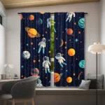 Space-themed curtains featuring astronauts, planets, and stars, perfect for a science or space-themed room decor. Made of vibrant fabric with detailed space illustrations.