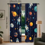 Colorful space-themed curtains featuring astronauts, planets, and stars on a dark blue background, perfect for a child's bedroom or playroom decor.