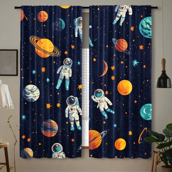 Astronaut and planets space-themed curtains with stars on a dark blue background, perfect for a science or space-themed room decor.