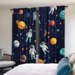 Astronauts floating among colorful planets and stars on dark blue space curtains, perfect for a science or space-themed room decor.