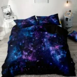 Stylish galaxy-themed bedding set featuring vibrant starry sky design for a modern bedroom decor. Perfect for space enthusiasts and adding a cosmic touch to your sleeping space.