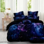 Cozy bedroom with galaxy starry night bedding set featuring a cosmic pattern of stars and nebulae, perfect for space enthusiasts and adding a celestial touch to your decor.
