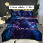 A celestial-themed bedding set featuring a stunning galaxy print with stars and nebulae, perfect for science enthusiasts and space lovers.