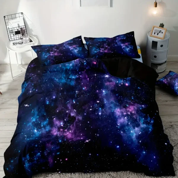 Stylish galaxy-themed bedding set featuring vibrant starry sky design for a modern bedroom decor. Perfect for space enthusiasts and adding a cosmic touch to your sleeping space.