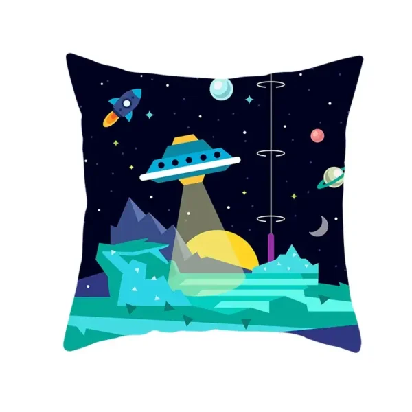 Colorful space-themed pillow featuring a UFO, planets, stars, and a moon against a dark night sky, perfect for science decor and educational toys.