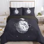 Astronomy-themed bed linen featuring a moon and planets design for a space-inspired bedroom decor.