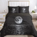 Celestial-themed bedding set featuring a large moon and starry night sky design on duvet cover and pillowcases, perfect for space enthusiasts and adding a cosmic touch to your bedroom decor.