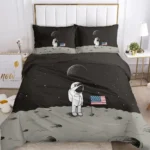 Space-themed astronaut bedding set featuring a moon landscape and American flag, perfect for kids and space enthusiasts.