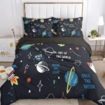 Space-themed bedding set featuring planets, stars, and rockets, perfect for children's bedrooms and space enthusiasts.