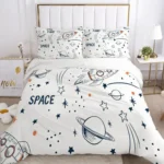 Space-themed bed linen set featuring rockets, planets, and stars, perfect for children's bedrooms and space enthusiasts. Made from soft, comfortable fabric for a cozy sleep experience.