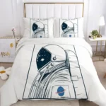 An astronaut-themed bedding set featuring a detailed line drawing of an astronaut helmet and space logo, perfect for science enthusiasts and space lovers.