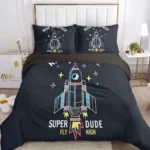 Space-themed bed linen featuring a colorful rocket with "Super Dude" text, perfect for science lovers and kids interested in space exploration.