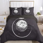 Space-themed bedding with moon and star illustrations on a black background, perfect for astronomy enthusiasts and adding a celestial touch to your bedroom.
