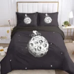 Stylish black duvet cover featuring detailed moon and astronaut illustrations, perfect for space enthusiasts and kids' bedrooms.