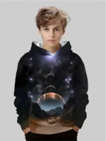 A young boy wearing a hoodie with a cosmic space design featuring planets, stars, and a galaxy scene.