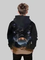 Child wearing a galaxy-themed hoodie featuring planets, stars, and cosmic scenery, perfect for science enthusiasts and space lovers.
