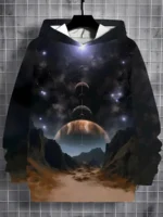 A hoodie featuring a stunning cosmic space design with planets, stars, and celestial bodies. Perfect for science enthusiasts and space lovers.