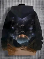 Stylish hoodie featuring a cosmic space scene with planets, stars, and celestial bodies, perfect for science enthusiasts and space lovers.