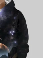 A black hoodie featuring a stunning cosmic space design with stars, planets, and nebulae, perfect for science and astronomy enthusiasts.