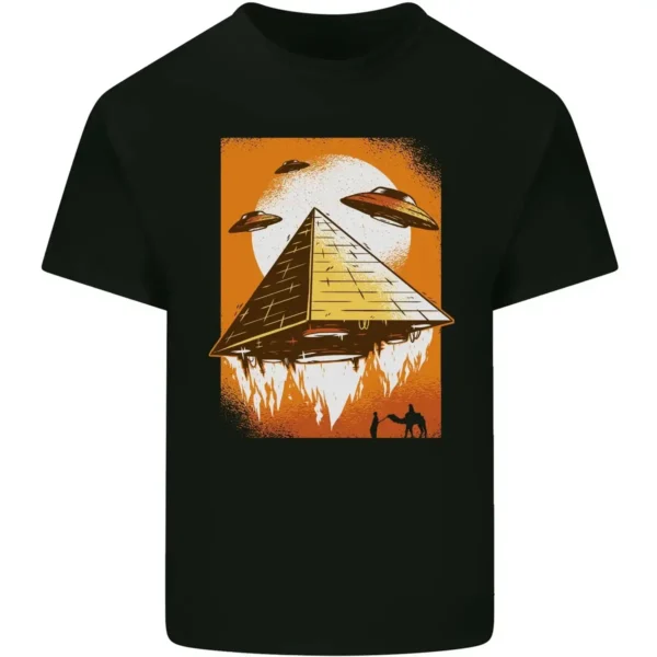 Black T-shirt featuring a graphic of an ancient pyramid with UFOs flying above and a camel rider silhouette, blending science fiction with historical themes.